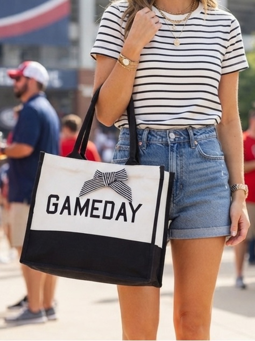 GAMEDAY Black & White Tote Bag with Bow